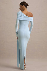 Valina | Powder Blue Ruched Asymmetric Maxi Dress With Drape