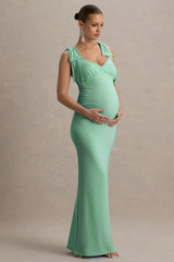 Sheen | Light Green Sweetheart Bow Strap Maternity Maxi Dress