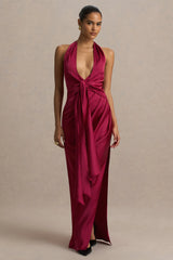 Lynette | Burgundy Satin Plunge-Neck Asymmetric Maxi Dress