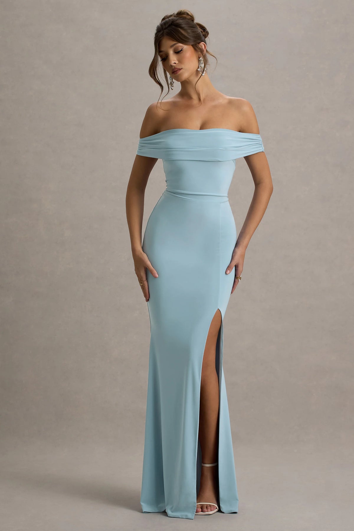 Law of Attraction | Powder Blue Bardot Draped Split Maxi Dress