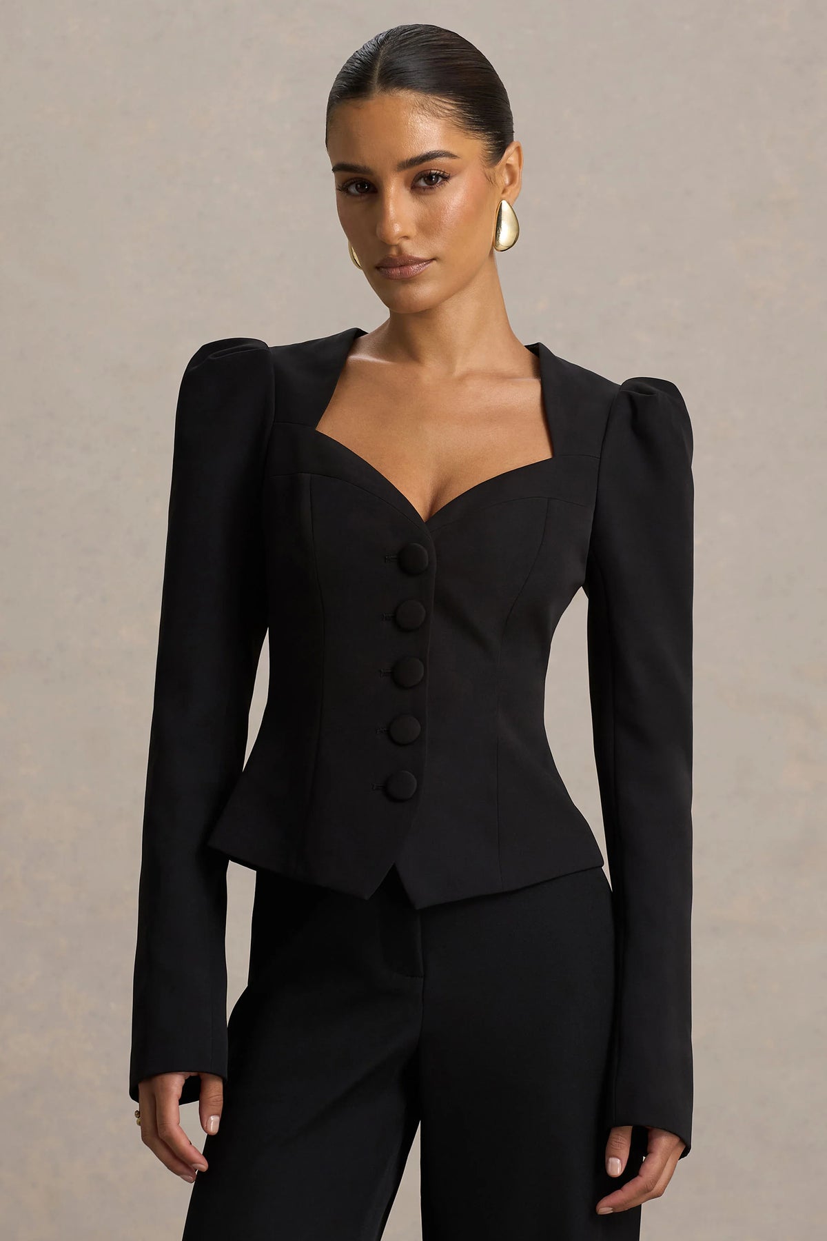 Olympia | Black Sweetheart-Neck Tailored Top