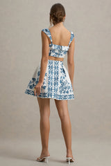 Modella | Blue Porcelain Print Skater Mini Skirt