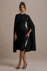 Marysol | Black Asymmetric Cape Midi Dress