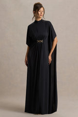 Olessia | Black Belted Gathered Cape-Sleeve Maxi Dress