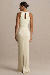 Akari | Champagne High-Neck Maxi Dress With Satin Skirt