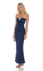 Seashell Ruched Bodycon Maxi Dress in Navy