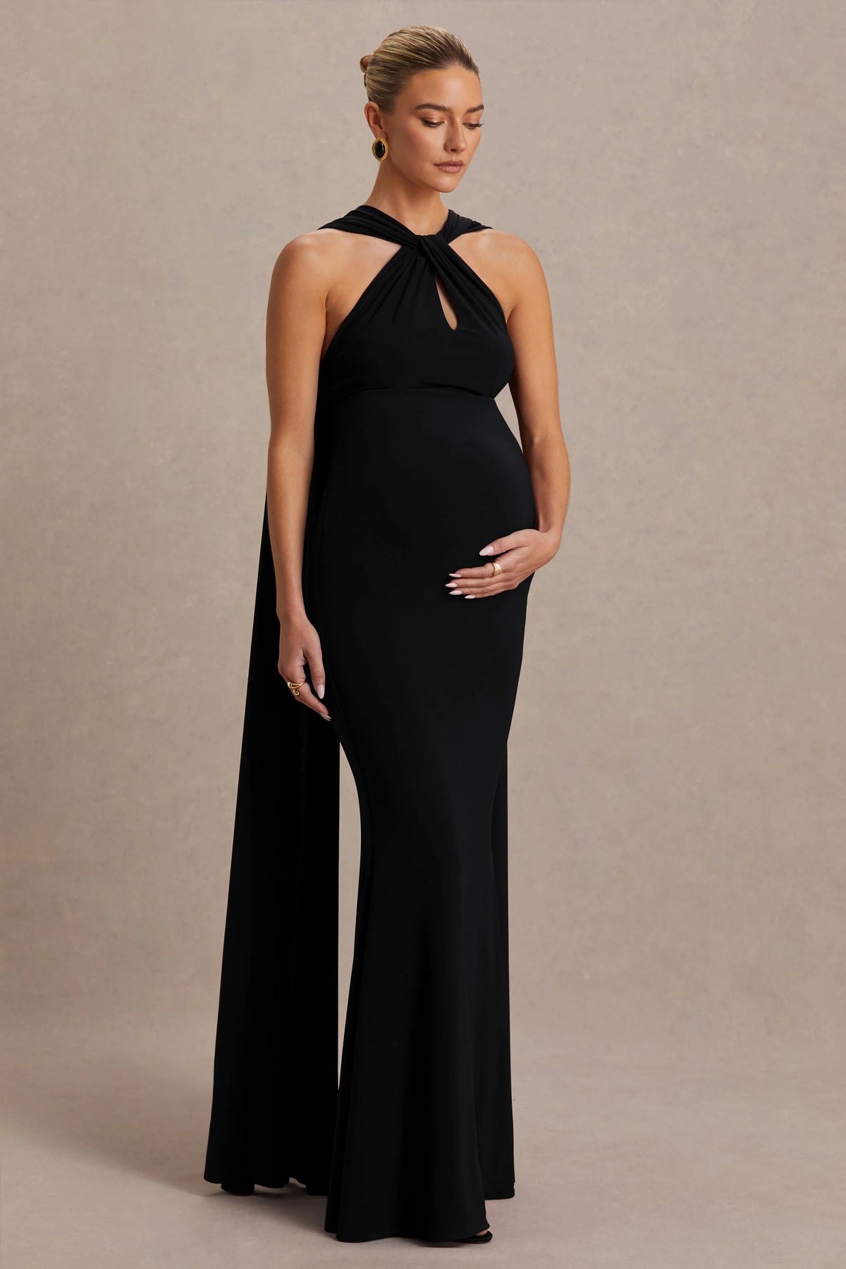 Lyra | Black Cross Halter-Neck Maxi Dress With Cape