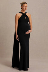 Lyra | Black Cross Halter-Neck Maxi Dress With Cape