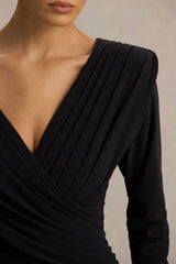 Alexis | Black Plunge-Neck Maxi Dress With Draped And Ruched Detailing
