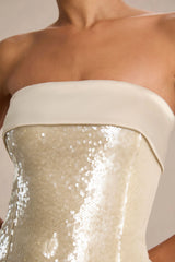 Casandra | Champagne Sequin Bandeau Mini Dress With Satin Trim