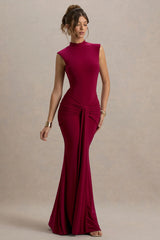 Graziana | Dark Cherry High-Neck Gathered Draped Maxi Dress