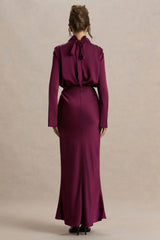 Celina | Burgundy Satin High-Neck Maxi Dress