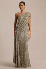Liori | Champagne Sequin Asymmetric-Neck Maxi Dress With Sash