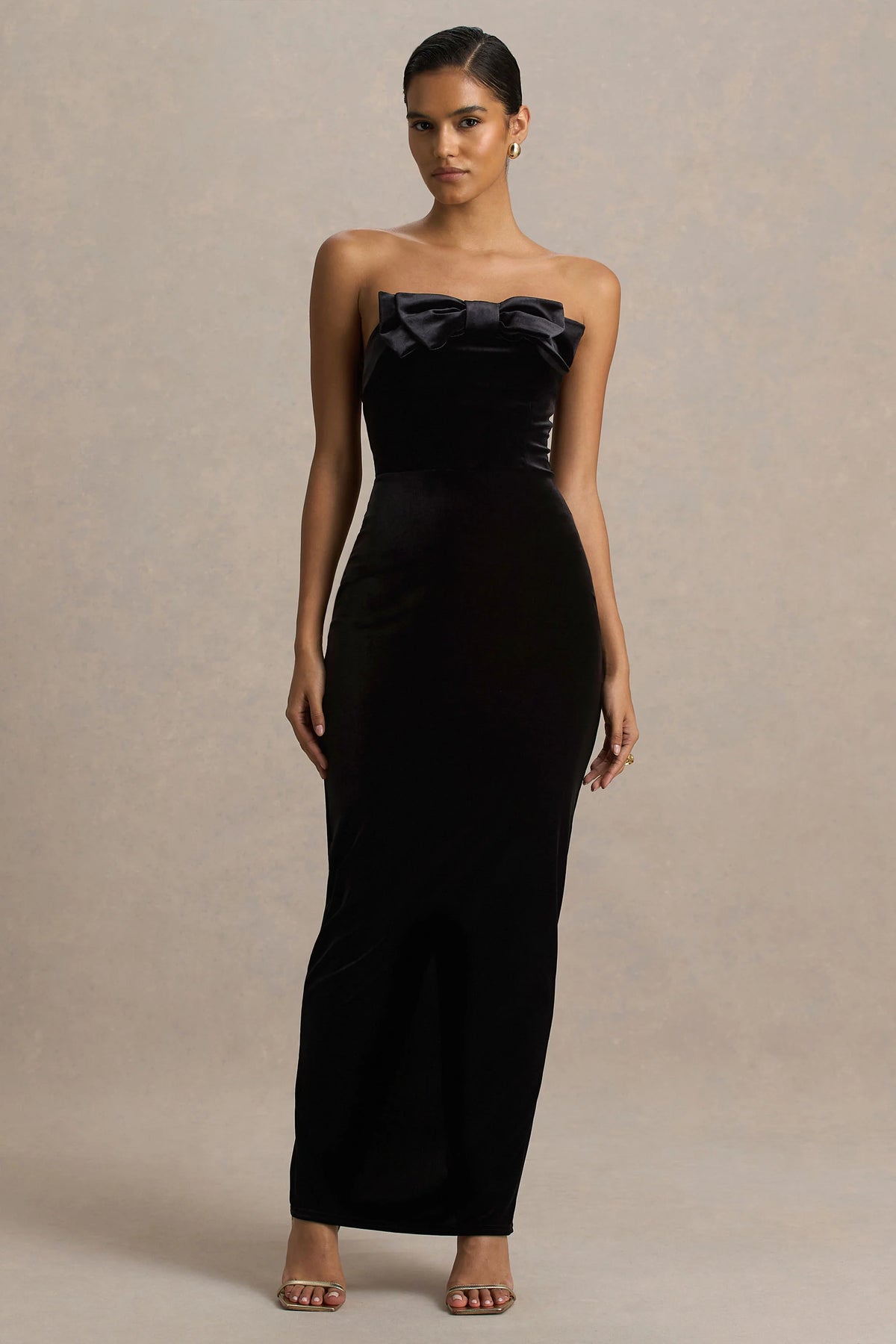 Illusion | Black Velvet Bandeau Maxi Dress With Bow Detail