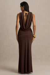 Serafina | Chocolate Extreme-Plunge Neck Maxi Dress With Wrap And Ruched Details