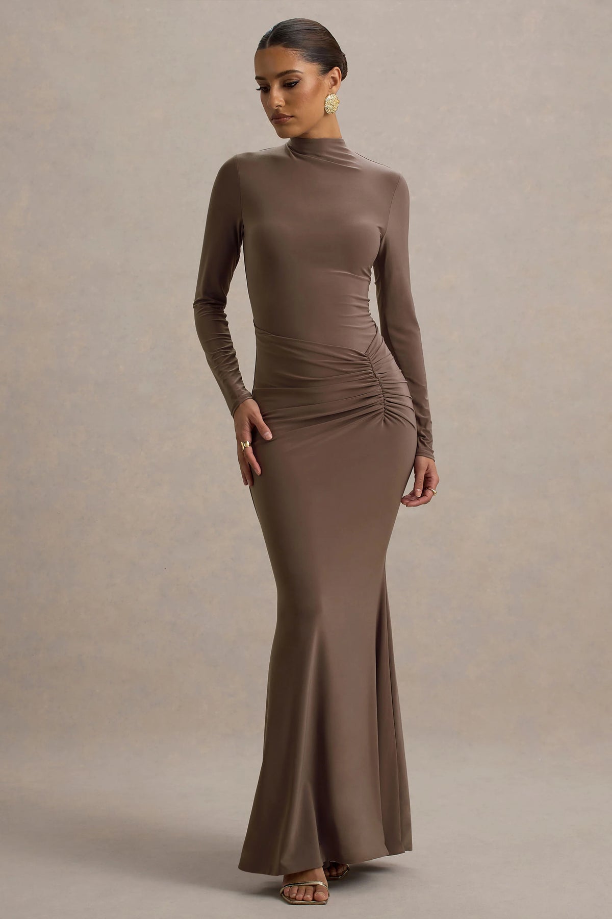 Reid | Brown Long-Sleeve Gathered Maxi Dress