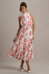 Nila | Pink Porcelain Print Cowl-Neck Midi Dress With Plisse Skirt