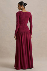 Aniyah | Burgundy High-Neck Maxi Dress With Ruched Detailing