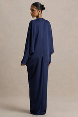 Tina | Navy Satin Plunge-Neck Embellished Maxi Dress