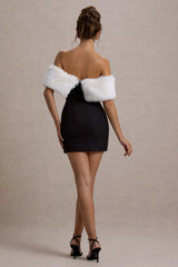 Little Luxe | Black Bardot Mini Dress With White Fur Trim
