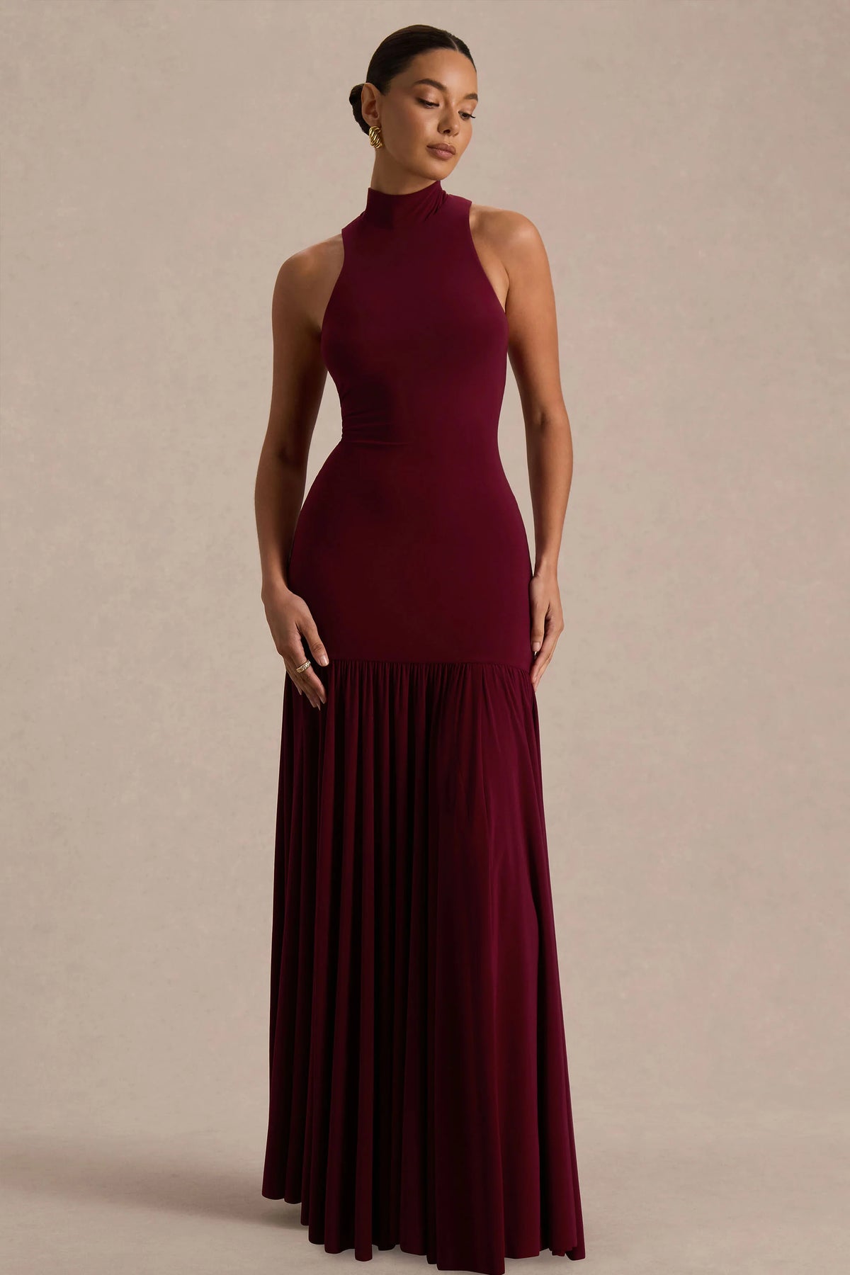 Tasmin | Burgundy High-Neck Maxi Dress With Drop-Waist
