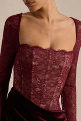 Finesse | Burgundy Lace And Velvet Square-Neck Maxi Dress With Draped Skirt