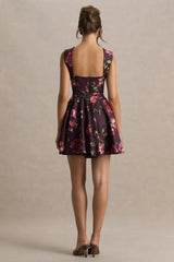 Magic | Burgundy Floral Print Sweetheart-Neck Mini Dress.