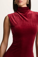 Nivina | Red Velvet High-Neck Midi Dress With Cap-Sleeves