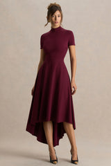 Bellona | Burgundy High-Neck High-Low Midi Dress