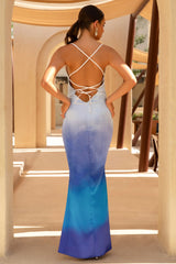 Fiji | Blue Ombre Satin Cowl-Neck Strappy Maxi Dress