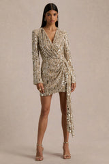 Carmina | Gold Sequin Plunge-Neck Wrap Mini Dress With Sash Detail