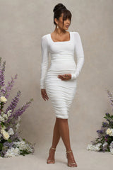 New Life | White Maternity Square Neck Ruched Midi Dress