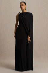 Cressida | Black Asymmetric-Neck Maxi Dress With Cape