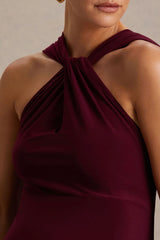 Lyra | Burgundy Cross Halter-Neck Maxi Dress With Cape