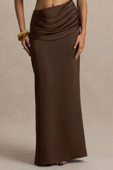 Megan | Brown Satin Wrap Maxi-Skirt With Ruched Detailing