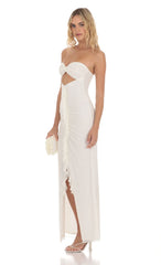 Mesh Cutout Ruffle Maxi Dress in White