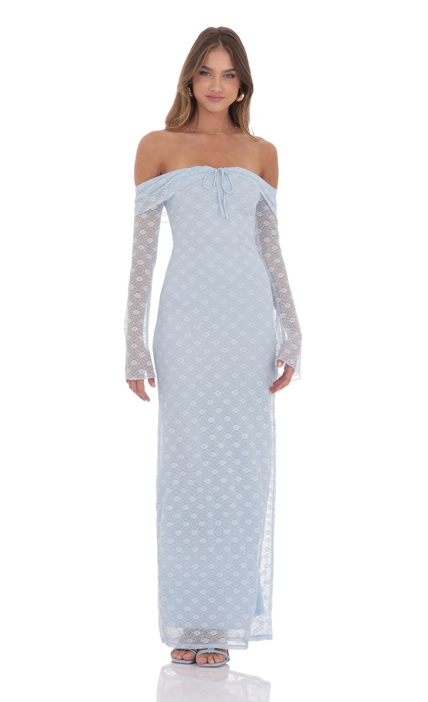 Lace Off Shoulder Maxi Dress in Light Blue