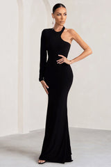 Tyra | Black Asymmetric Neck Cut Out Maxi Dress With Open Back Detail
