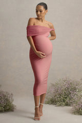 Jen | Pink Bardot Twisted Maternity Midi Dress