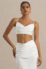 Una | White Ruched Cowl-Neck Crop Top