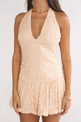 Luna Bloom Bubble Hem Mini Dress Sequin Champagne