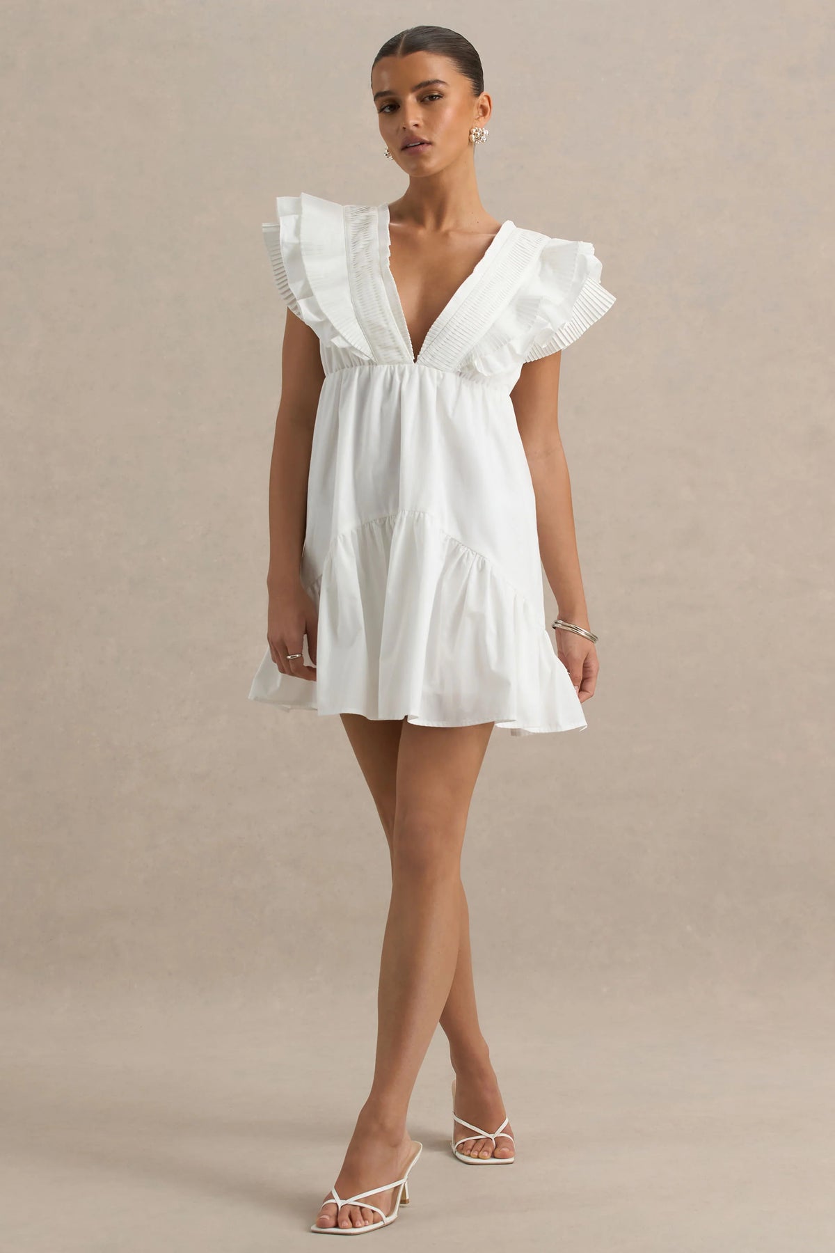 Judie | White Poplin V-Neck Ruffled Mini Dress