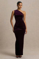 Treat | Burgundy Velvet Asymmetric-Neck Maxi Dress With Ruched Detailing.