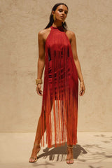 Alessia | Orange Ombre Fringe High-Neck Maxi Dress