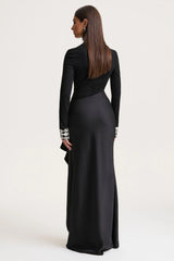 Starred | Black High-Neck Maxi Dress With Satin Wrap-Skirt And Embellished Cuffs