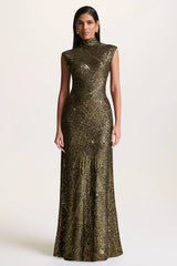 Cecy | Khaki Sequin High-Neck Maxi Dress With Cap Sleeves