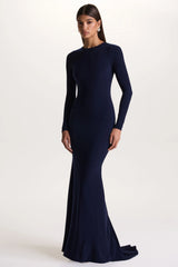 One Step Ahead | Navy Long Sleeve Backless Fishtail Maxi Dress