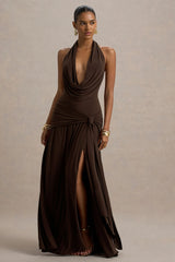 Mist | Brown Plunge-Neck Split Maxi Dress