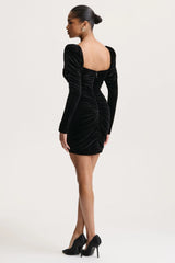 Kiss Of Midnight | Black Velvet Puff-Sleeve Mini Dress With Bow