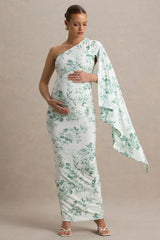 Aliana | Green Porcelain Print Asymmetric Maternity Maxi Dress With Ruched Detailing